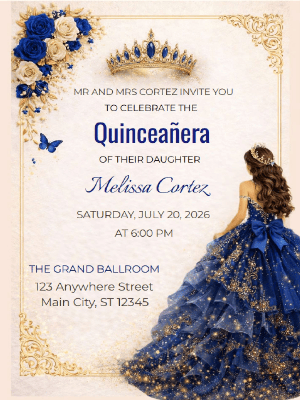 Elegant Quinceañera Royal Blue Elegance and Sparkling Butterflies in Gold Invitation