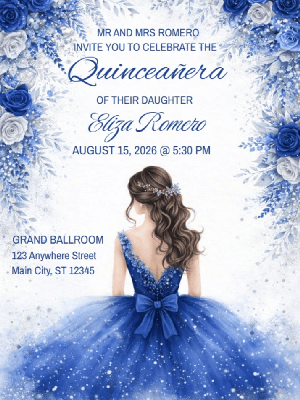 Quinceañera Royal Blue Elegance and Sparkling Florals INvitation