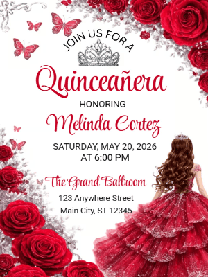 Quinceañera Enchanting Red Floral in Silver Grace Invitation customizable template