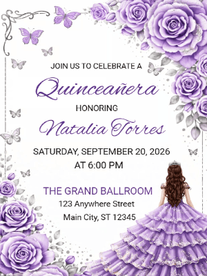 Quinceañera Lavender Floral and Butterflies Elegance Invitation customizable template