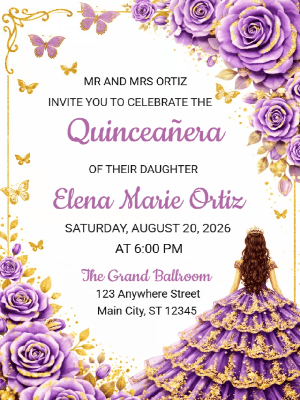 Quinceañera Lavender Rose Serenity and Gold Invitation customizable template