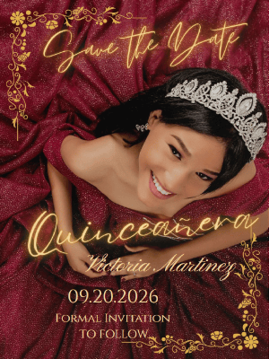 Elegant Modern Quinceanera Save the Date Gold Border & Typography with Photo Invitation customizable template