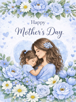Mother's Day Greeting Card Simple White and Blue Florals