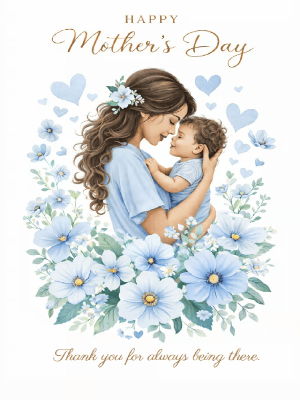 Mother's Day Greeting Card Simple White and Blue Floral Greeting Card