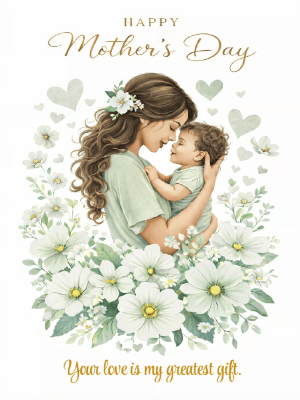 Mother's Day Greeting Card Simple White and Green Floral Greeting Card