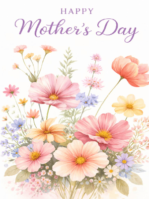 Mother's Day Greeting Card Simple White and Pink Blue Purple Yellow Wild Florals