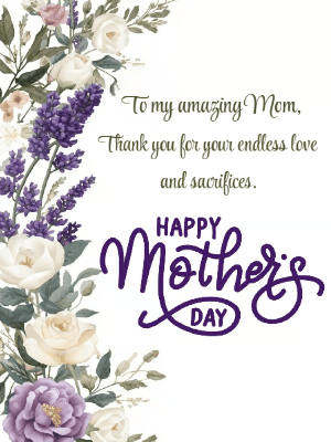 Mother's Day Greeting Card Simple White Purple and Green  Florals
