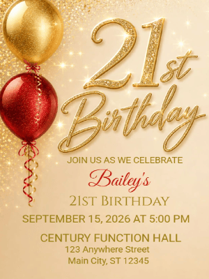 Glitter Elegance Red and Gold Balloon Birthday Invitation 21st Birthday Party Invitation customizable template