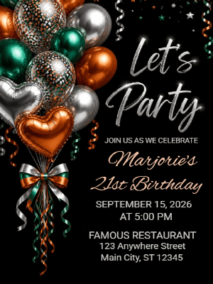 Emerald Green and Burnt Orange Balloon Birthday Invitation 21st Birthday Party Invitation customizable template