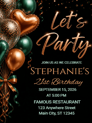 Emerald Green and Burnt Orange Balloon Birthday Invitation 21st Birthday Party Invitation customizable template