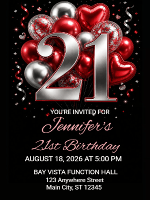 Elegant Red and Silver Balloon Birthday Invitation 21st Birthday Party Invitation customizable template