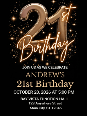 Black and Gold Balloon Birthday Invitation 21st Birthday Party Invitation customizable template