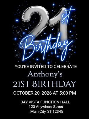 Black Blue and Silver Balloon Birthday Invitation 21st Birthday Party Invitation customizable template
