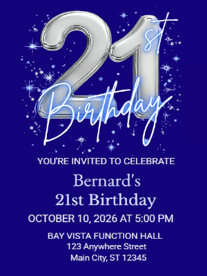 Black Blue and Silver Balloon Birthday Invitation 21st Birthday Party Invitation customizable template