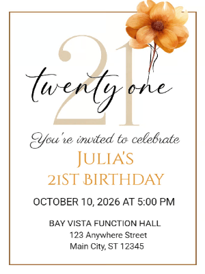 Simple Minimalist Birthday Invitation 21st Birthday Party Invitation customizable template