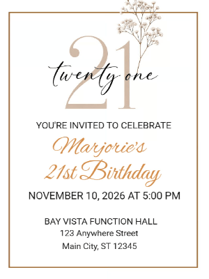 Simple Minimalist Birthday Invitation 21st Birthday Party Invitation customizable template