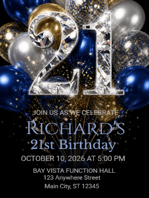Elegant Blue Gold Silver Balloon Birthday Invitation 21st Birthday Party Invitation customizable template