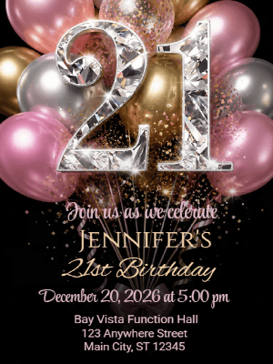 Elegant Pink Gold Silver Balloon Birthday Invitation 21st Birthday Party Invitation customizable template