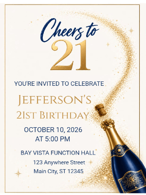 Simple Minimalist Blue and Gold Birthday Invitation 21st Birthday Party Invitation customizable template