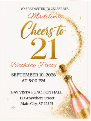 Simple Minimalist Pink and Gold Birthday Invitation 21st Birthday Party Invitation customizable template