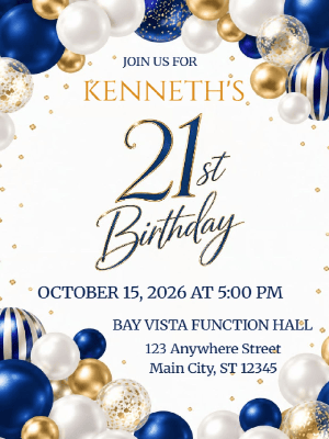 Simple Minimalist Blue and Gold Balloon Birthday Invitation 21st Birthday Party Invitation customizable template