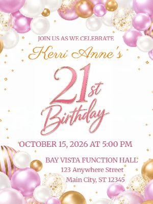 Simple Minimalist Pink and Gold Balloon Birthday Invitation 21st Birthday Party Invitation customizable template