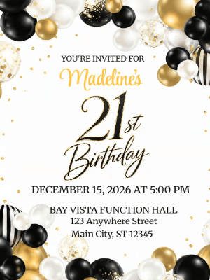 Simple Minimalist Black and Gold Balloon Birthday Invitation 21st Birthday Party Invitation customizable template