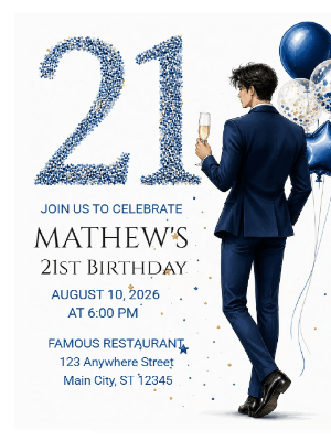 Elegant Milestone 21st Birthday Invitation Gold Blue 21st Birthday Party Invitation customizable template