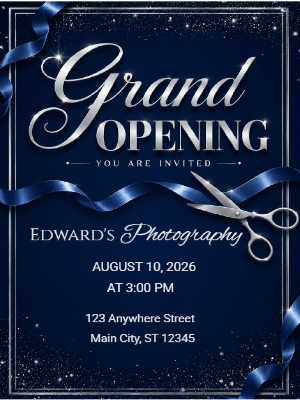 Elegant Blue and Silver Grand Opening Invitation
