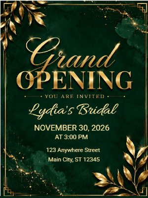 Elegant Black Green and Gold Grand Opening Invitation