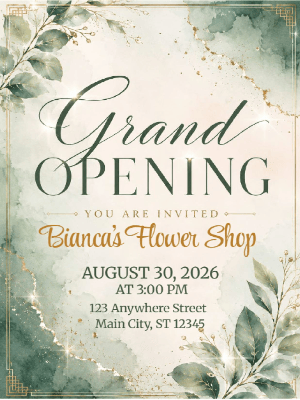 Minimalist Green and Gold Grand Opening Invitation