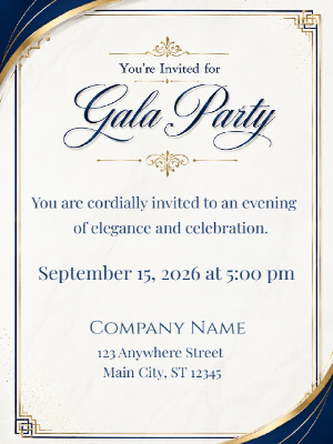 Minimalist Blue and Gold Elegance Gala Party Invitation Corporate Invite