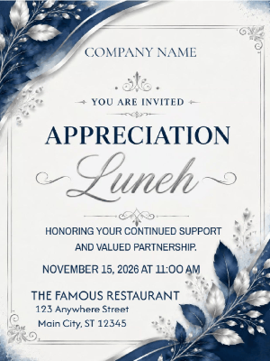 Elegant Corporate Party Invitation Appreciation Lunch Party Blue Silver Corporate Invitation