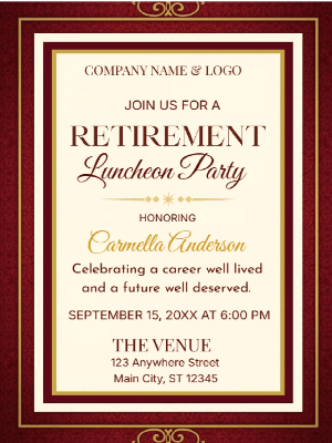 Retirement Party Invitation Red Gold Retirement Luncheon Party