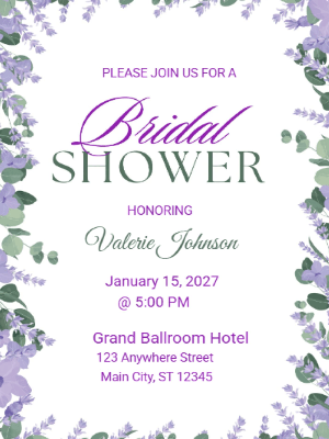 Elegant Modern Purple Floral Bridal Shower Invitation customizable template