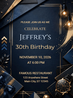 Elegant Milestone 30th Birthday Invitation Gold Blue 30th Birthday Party Invitation customizable template