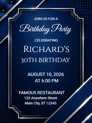 Elegant Milestone 30th Birthday Invitation Blue Silver 30th Birthday Party Invitation customizable template