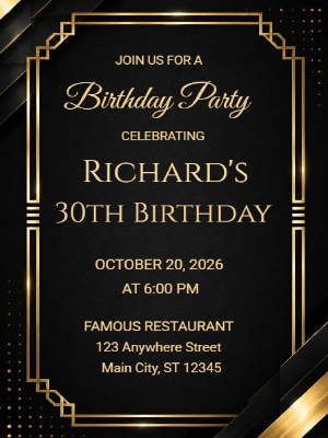 Elegant Milestone 30th Birthday Invitation Gold Black 30th Birthday Party Invitation customizable template