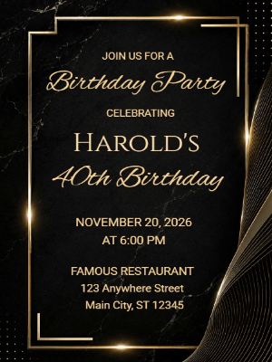 Elegant Milestone 40th Birthday Invitation Gold Black 40th Birthday Party Invitation customizable template