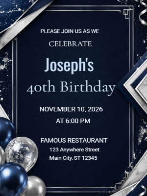 Elegant Milestone 40th Birthday Invitation Gold Blue 40th Birthday Party Invitation customizable template