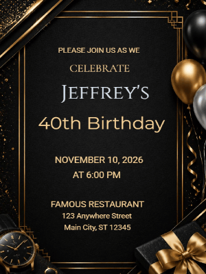 Elegant Milestone 40th Birthday Invitation Black Gold 40th Birthday Party Invitation customizable template