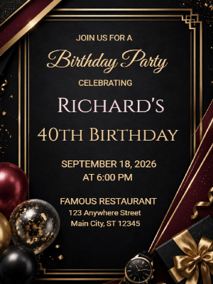 Elegant Milestone 40th Birthday Invitation Gold Black Red 40th Birthday Party Invitation customizable template