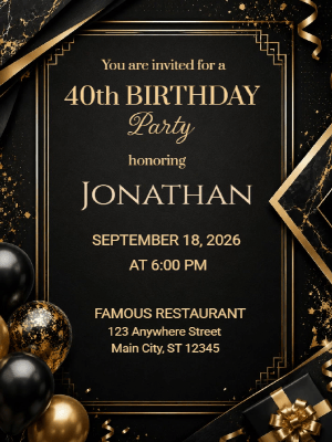 Elegant Milestone 40th Birthday Invitation Gold Black 40th Birthday Party Invitation customizable template