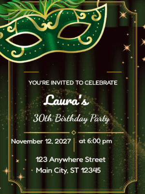Elegant Green Masquerade 30th Birthday Invitation customizable template