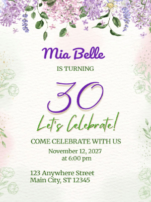 Elegant Modern Purple Green Floral 30th Birthday Invitation customizable template