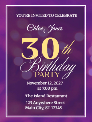Elegant Modern Purple and Gold 30th Birthday Invitation customizable template