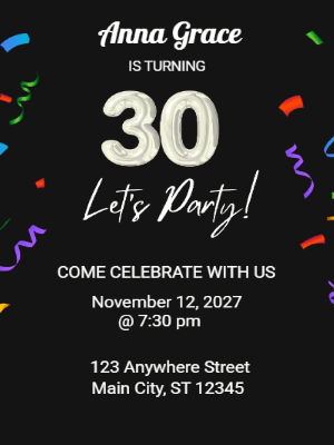Minimalist Black and White 30th Birthday Invitation customizable template