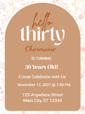 Elegant Brown White Floral Border 30th Birthday Invitation customizable template
