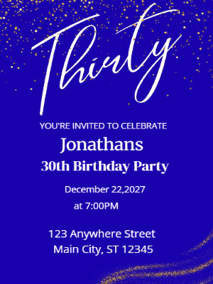 Minimalist Glitter Blue Gold 30th Birthday Invitation customizable template