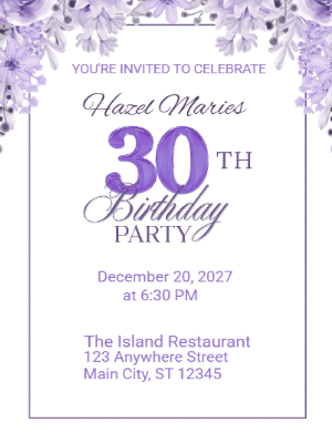 Elegant Purple Floral 30th Birthday Invitation customizable template